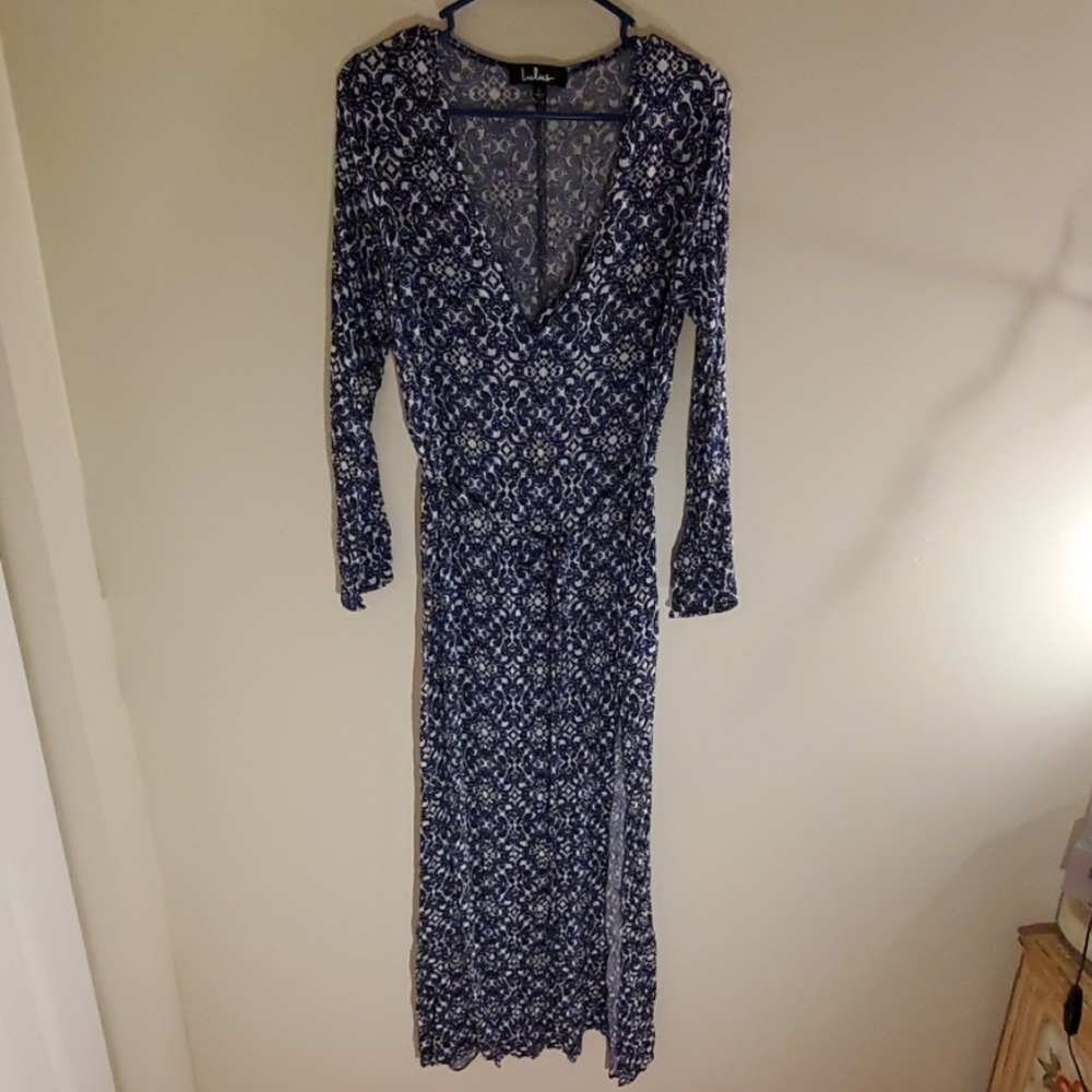 LULU'S Blue & White Boho Maxi Dress - L